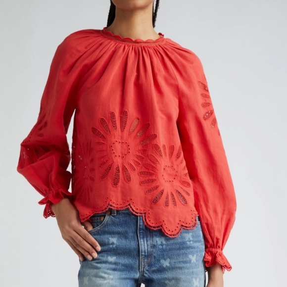 Ulla Johnson Tops - NWT Ulla Johnson Louisa Eyelet Ruffle Linen Blend Top in Poppy.     22